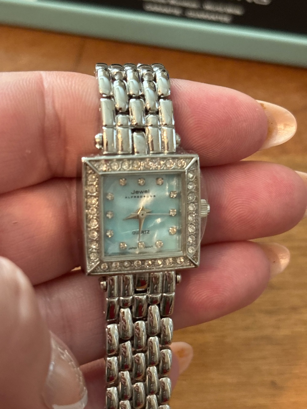 ALFRED SUNG Jewel Art Deco Silver MOP Women's Crystals Square Bracelet Watch - Picture 4 of 10